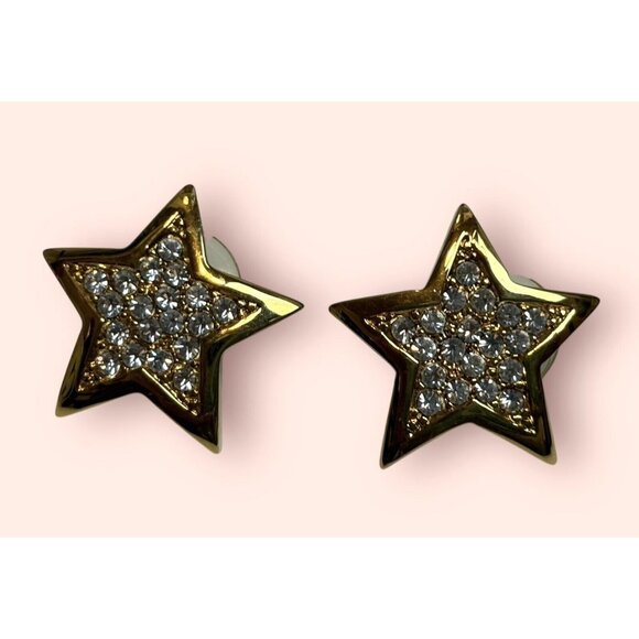 Vintage St. John Clear Rhinestone Crystal Gold Tone Star Pierced Earrings - Picture 4 of 8